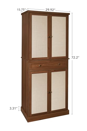 Tall Cabinet with 4 Rattan Doors and 1 Drawers, Adjustable Shelves (Walnut) U4723