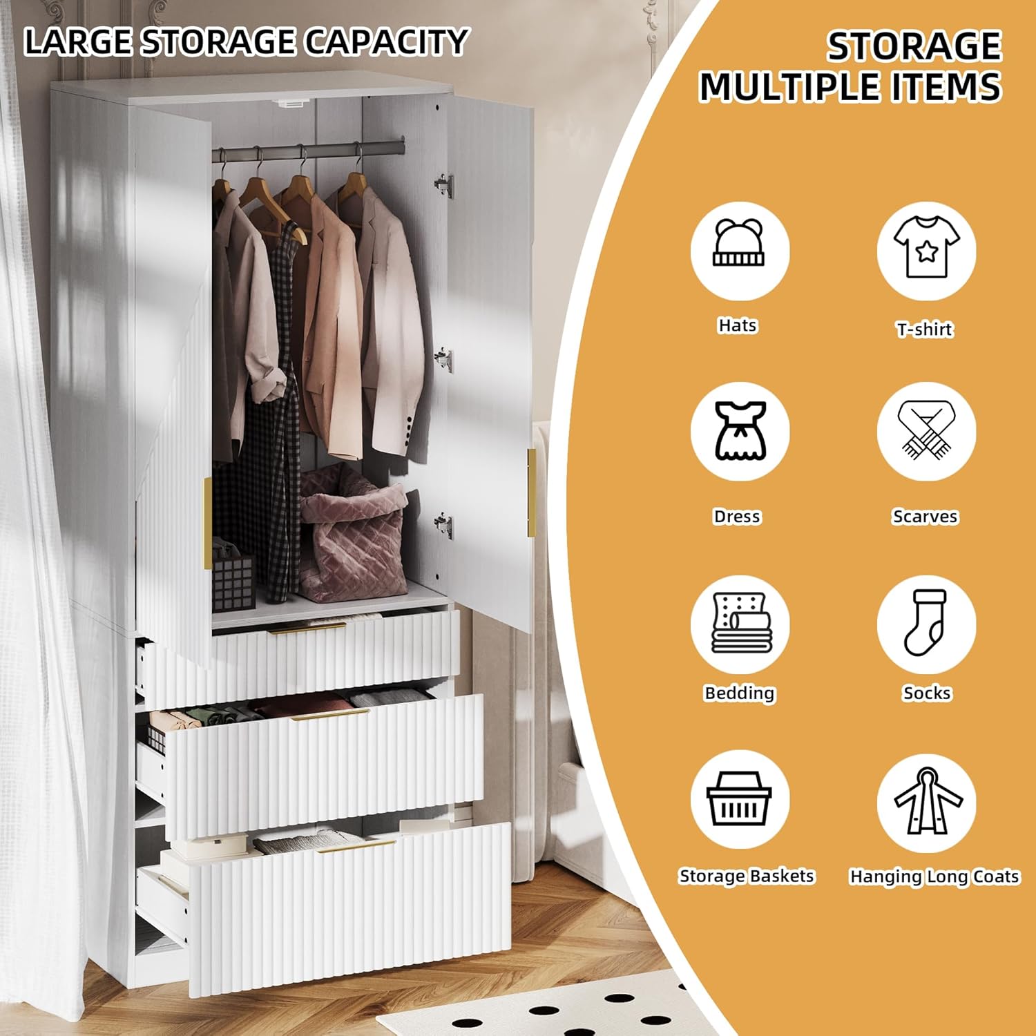 White Wooden Wardrobe Armoire with 2 Doors and 3 Drawer M9454