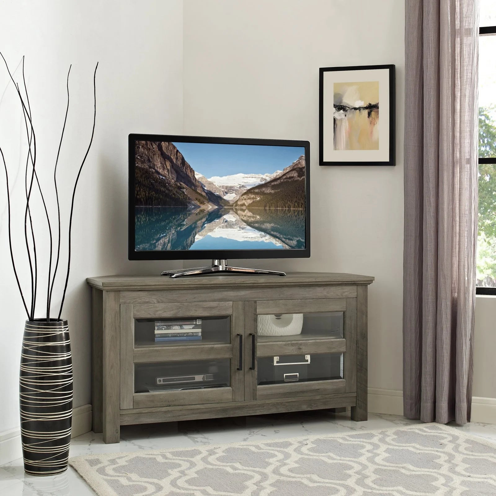 Grey Wash Wood Corner TV Console Y3977