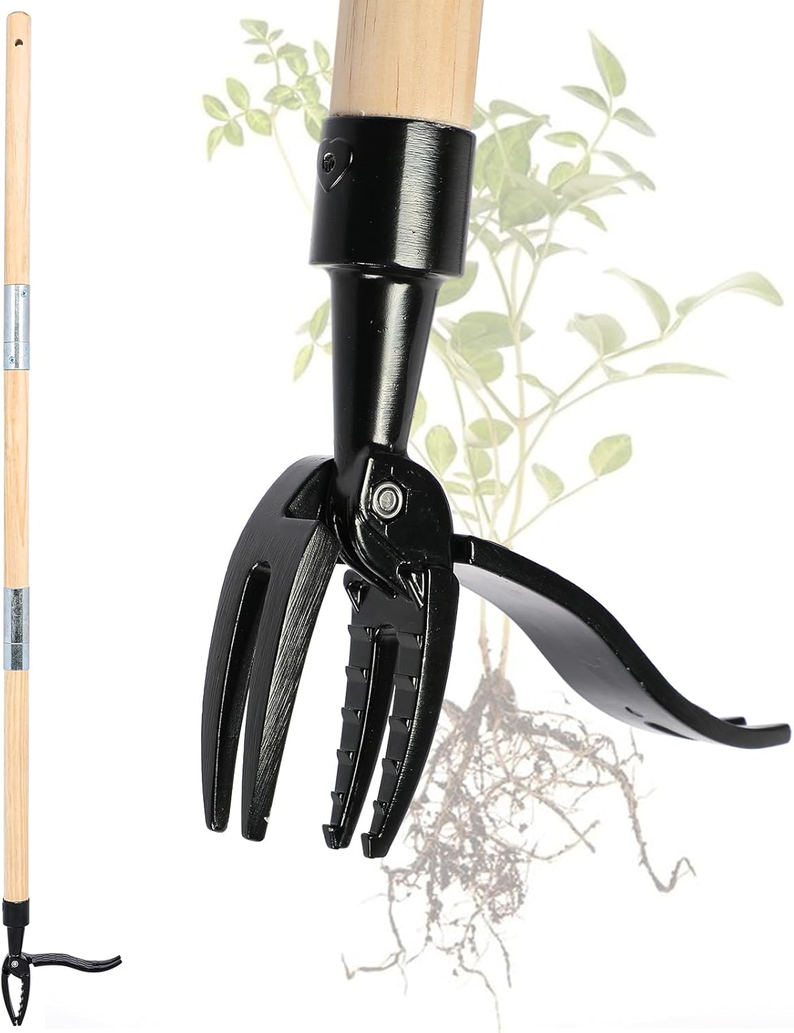 Manual Weeder, Weed Remover Tool with Long Handle - Real Wood & 4-Claw Steel Head N7278
