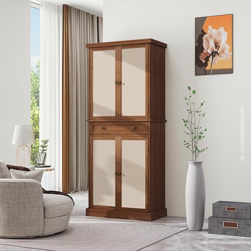Tall Cabinet with 4 Rattan Doors and 1 Drawers, Adjustable Shelves (Walnut) U4723