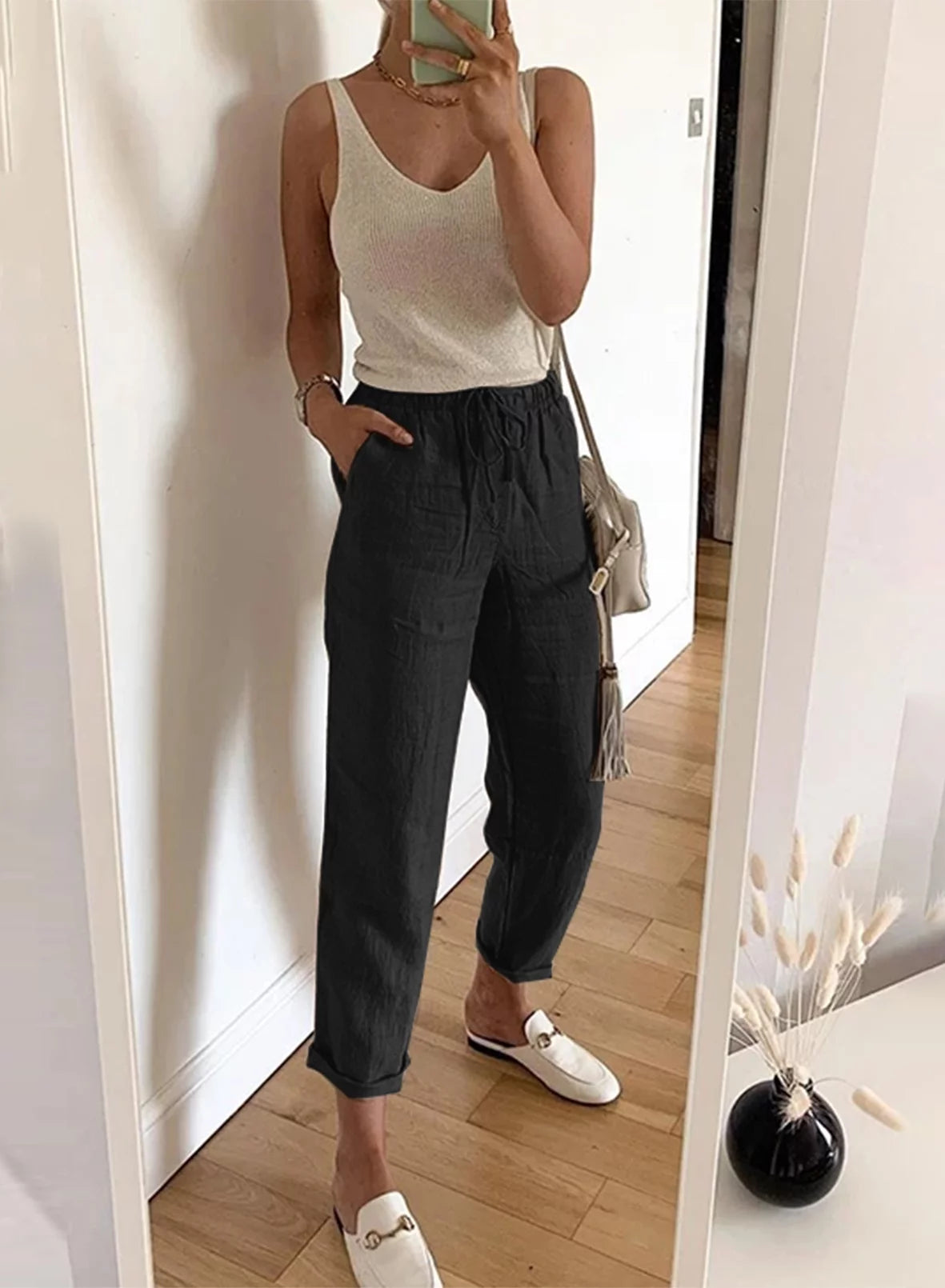 Black Linen Straight Leg Elastic Waist Pants with Pockets 2XL D299414