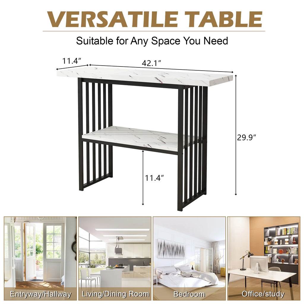 Black 42-Inch Narrow Console Table with Faux Marble Top and Metal Legs V26379