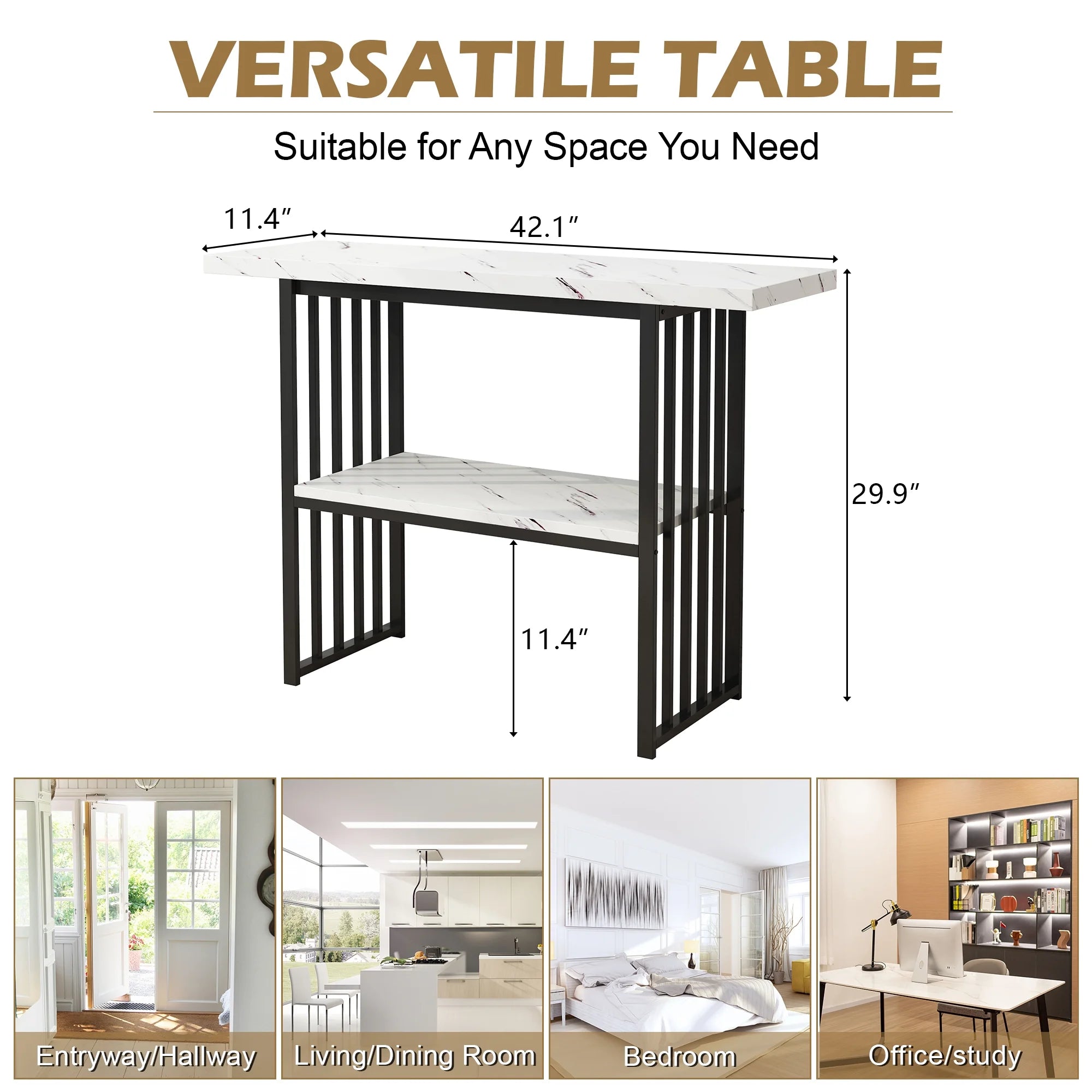 Black 42-Inch Narrow Console Table with Faux Marble Top and Metal Legs V26379
