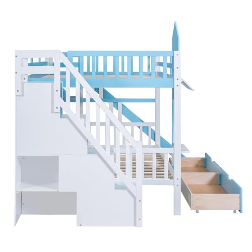 Gray Solid Wood Twin Over Twin Bunk Bed with Stairs and Slide B3312