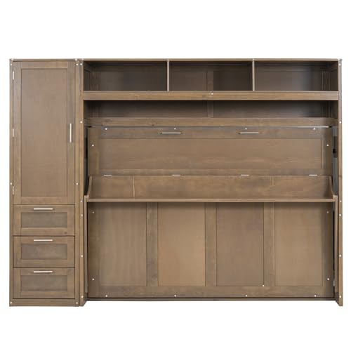 Antique Grey Solid Wood Murphy Bed with Wardrobe and Drawers K559972