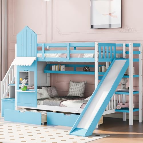 Gray Solid Wood Twin Over Twin Bunk Bed with Stairs and Slide B3312