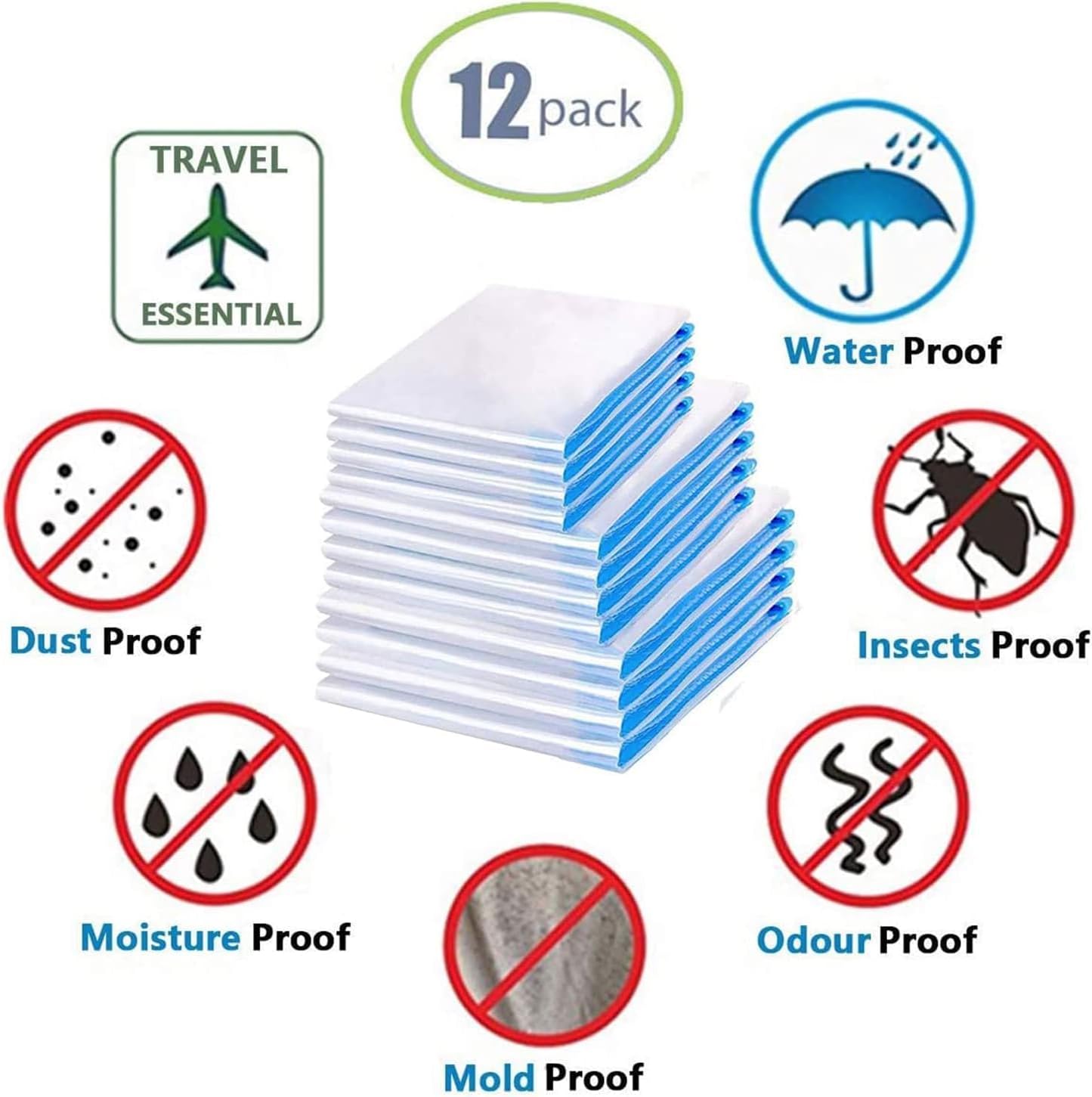 12 Pack Roll Up Reusable Vacuum Storage Bags (Jumbo×4, Large×4, Small×4) V70310