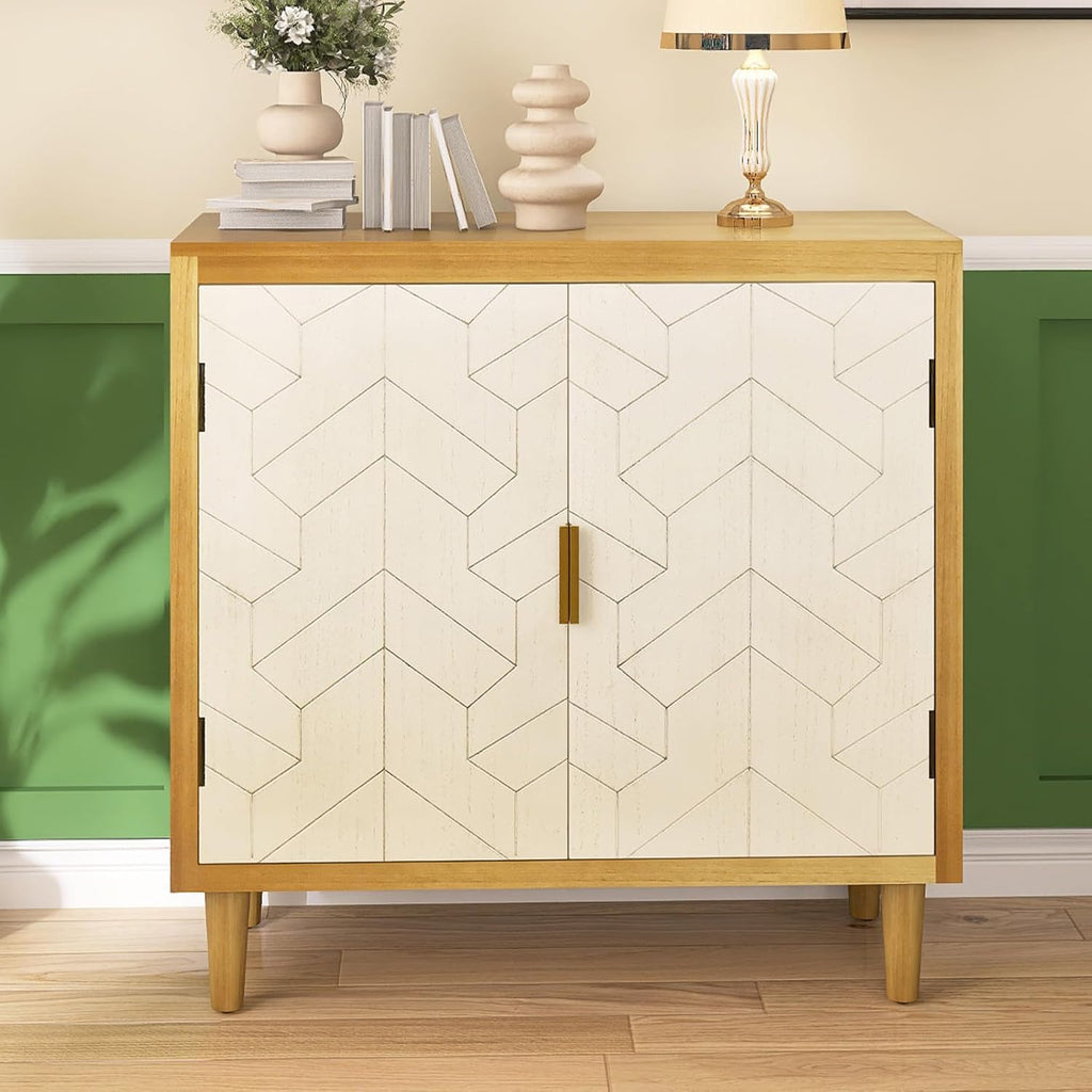 Hand-Carved Sideboard Buffet Cabinet with Solid Pine Legs, Caramel Oak J3459