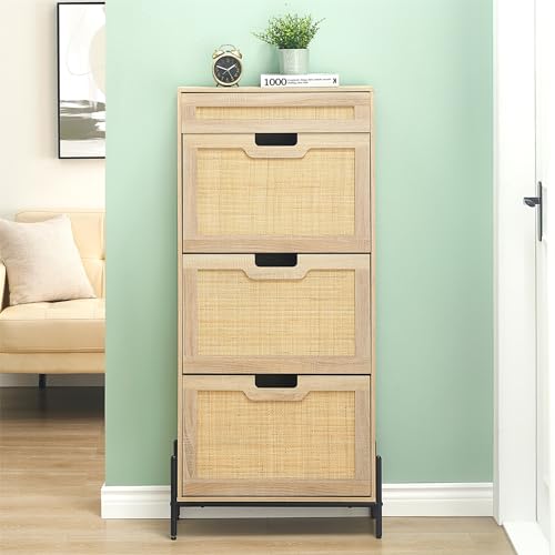 Oak Rattan Shoe Storage Cabinet with 3 Flip Door and 1 Drawer M7357