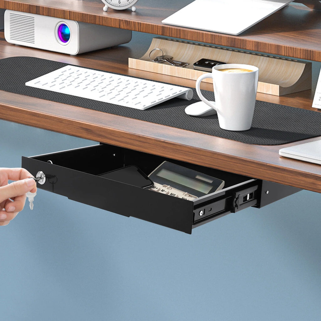 Black Rectangular Under Desk Mounted Iron Drawer Storage with Keys E40411