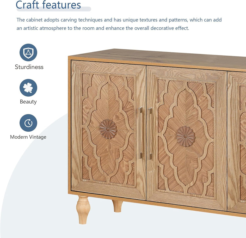 63" Carved Flower Door Large Storage Cabinet with Metal Handle (Natural Wood) E884966