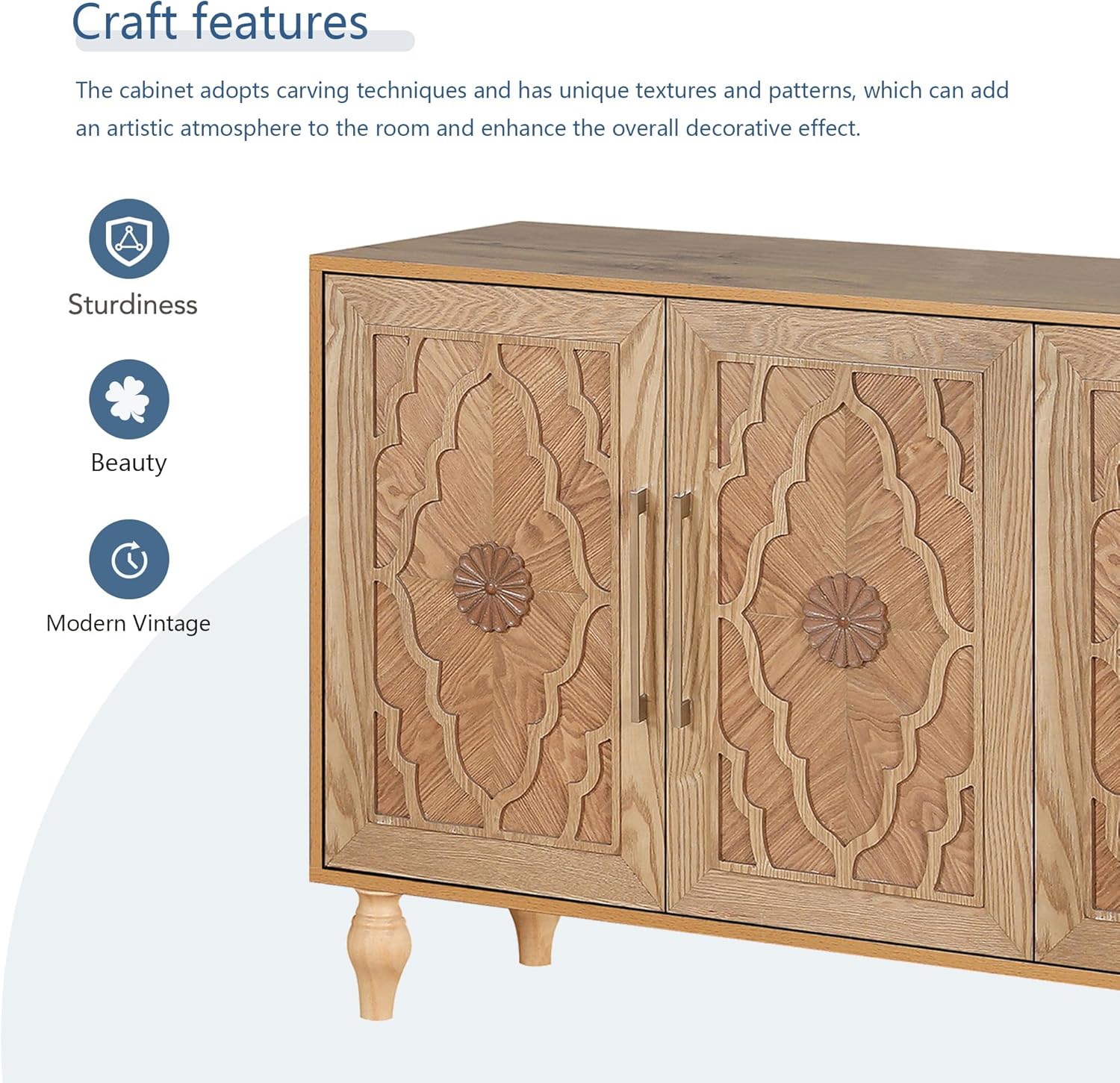 63" Carved Flower Door Large Storage Cabinet with Metal Handle (Natural Wood) E884966
