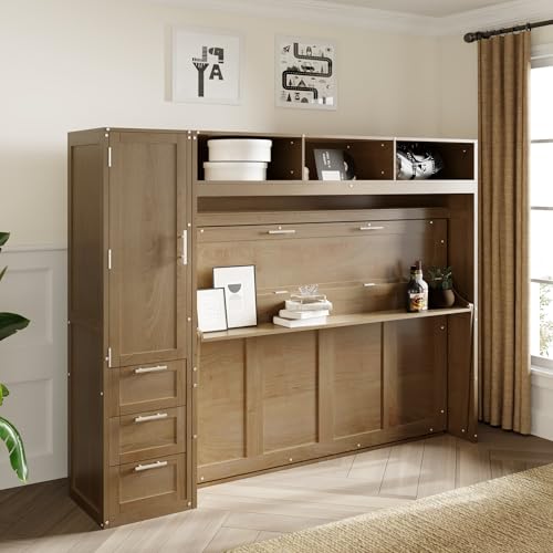 Antique Grey Solid Wood Murphy Bed with Wardrobe and Drawers K559972