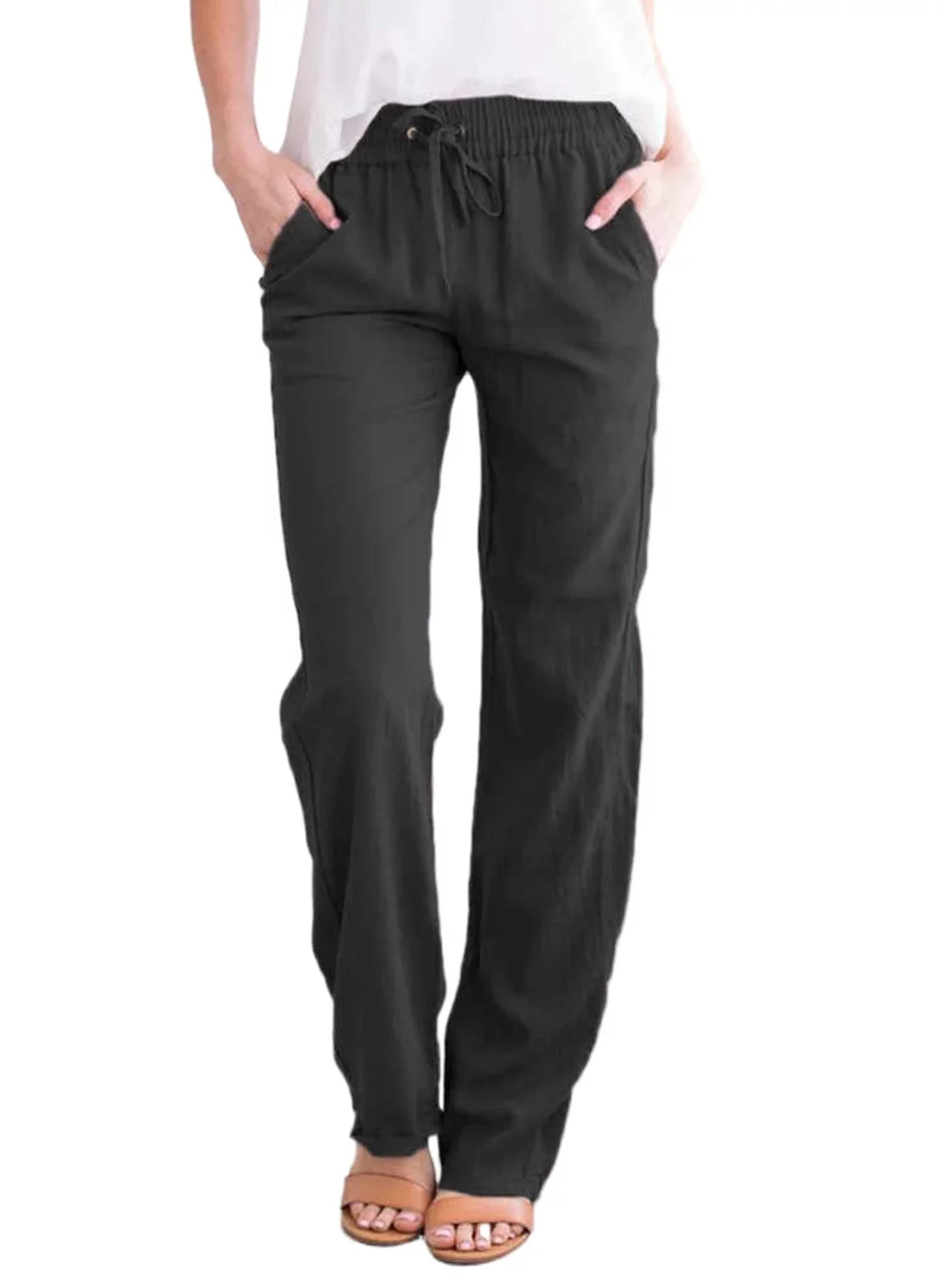 Black Linen Straight Leg Elastic Waist Pants with Pockets 2XL D299414
