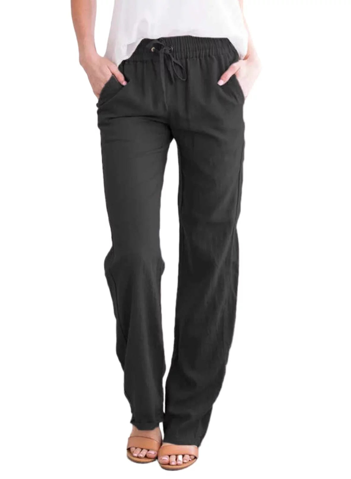 Black Linen Straight Leg Elastic Waist Pants with Pockets 2XL D299414