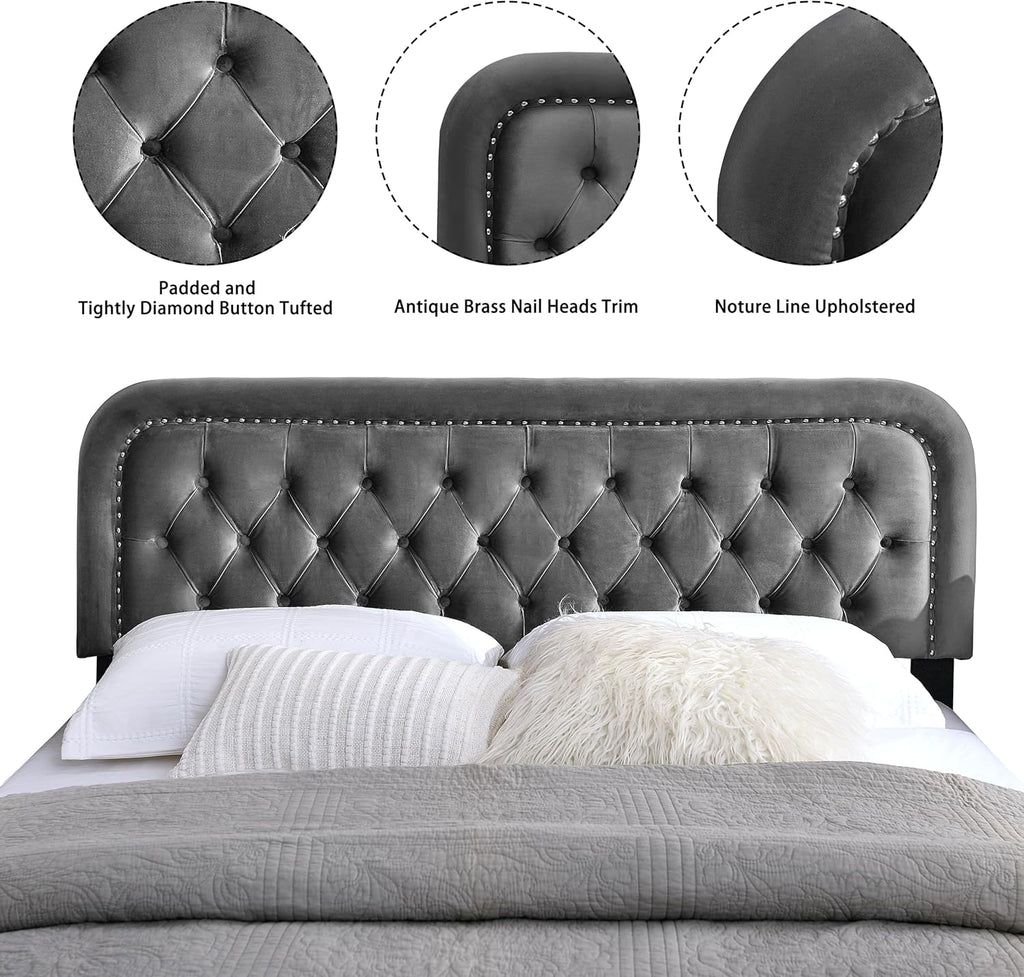 Grey Velvet Full Size Tufted Upholstered Headboard J628565