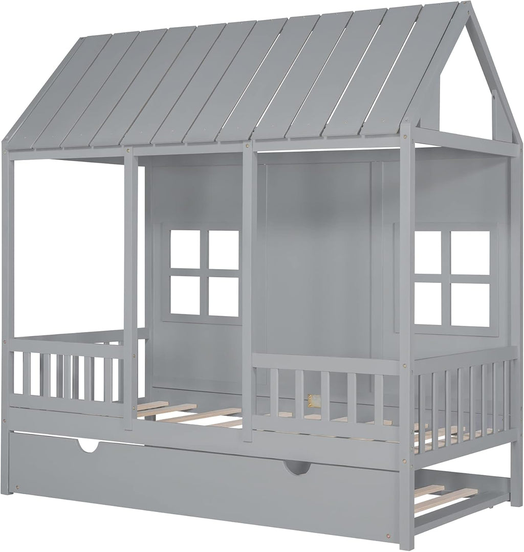 Gray Twin Size Wooden House Bed with Trundle F23323