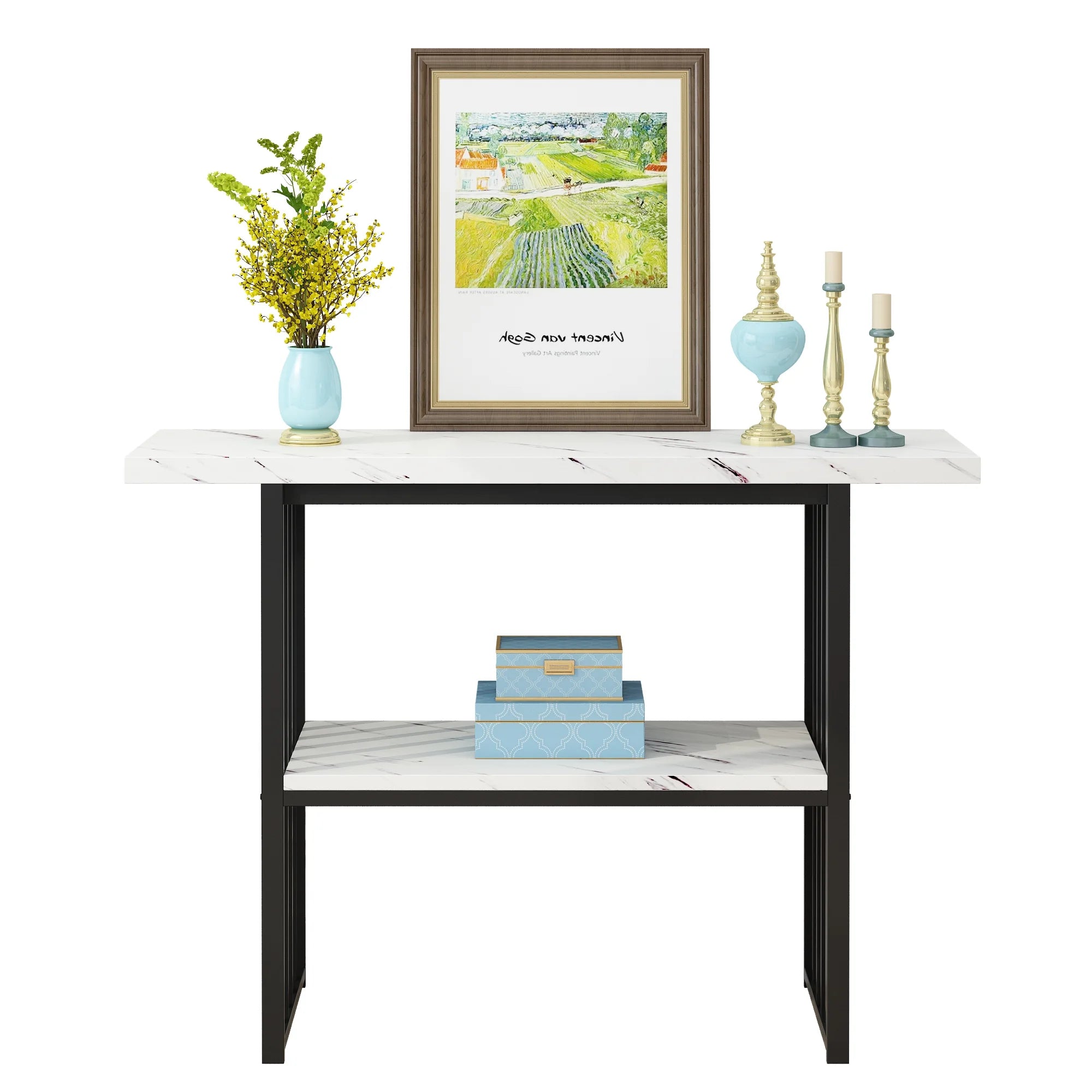 Black 42-Inch Narrow Console Table with Faux Marble Top and Metal Legs V26379