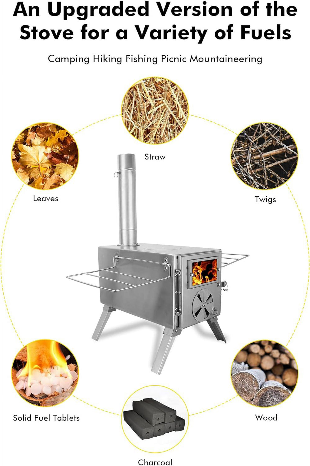 304 Stainless Steel Wood Burning Stove with Chimney Pipes B3653