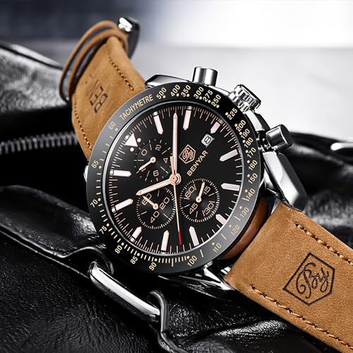 Mens Watches Analog Quartz Chronograph Waterproof Wrist Watches with Calendar Leather Stainless Steel Strap C110