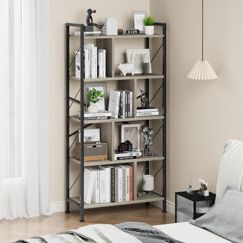 5 Tier Rustic Brown Bookshelf with Metal Frame M7552