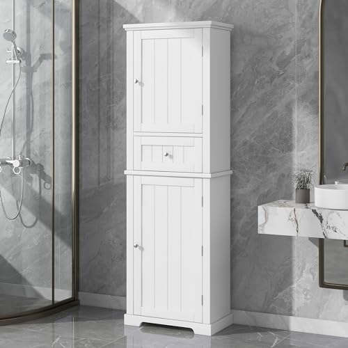 White Tall Bathroom Storage Cabinet with 2 Doors, 5 Shelves, 1 Drawer N324