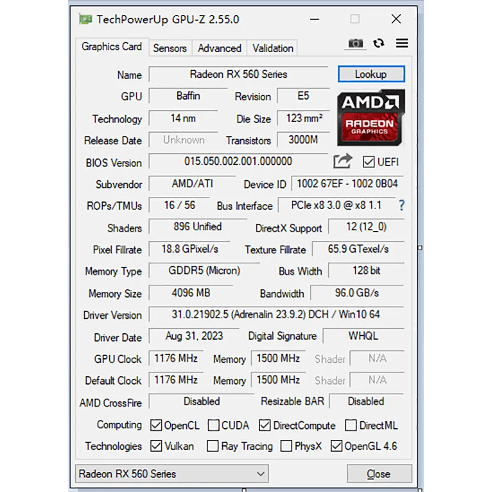 Radeon RX 560 4GB GDDR5 128-Bit Graphics Card W6726