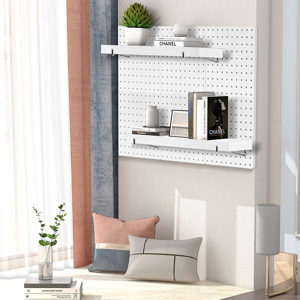 White Stain-Resistant Pegboard Shelf Set with Steel Brackets and Hooks, Pack of 2 O222