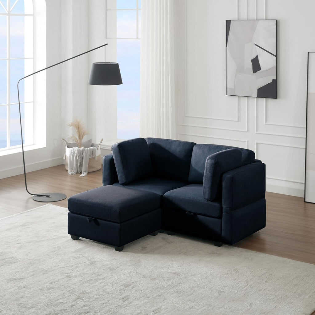 Blue 2 Seater Sectional Sofa with Ottoman and Storage X83854