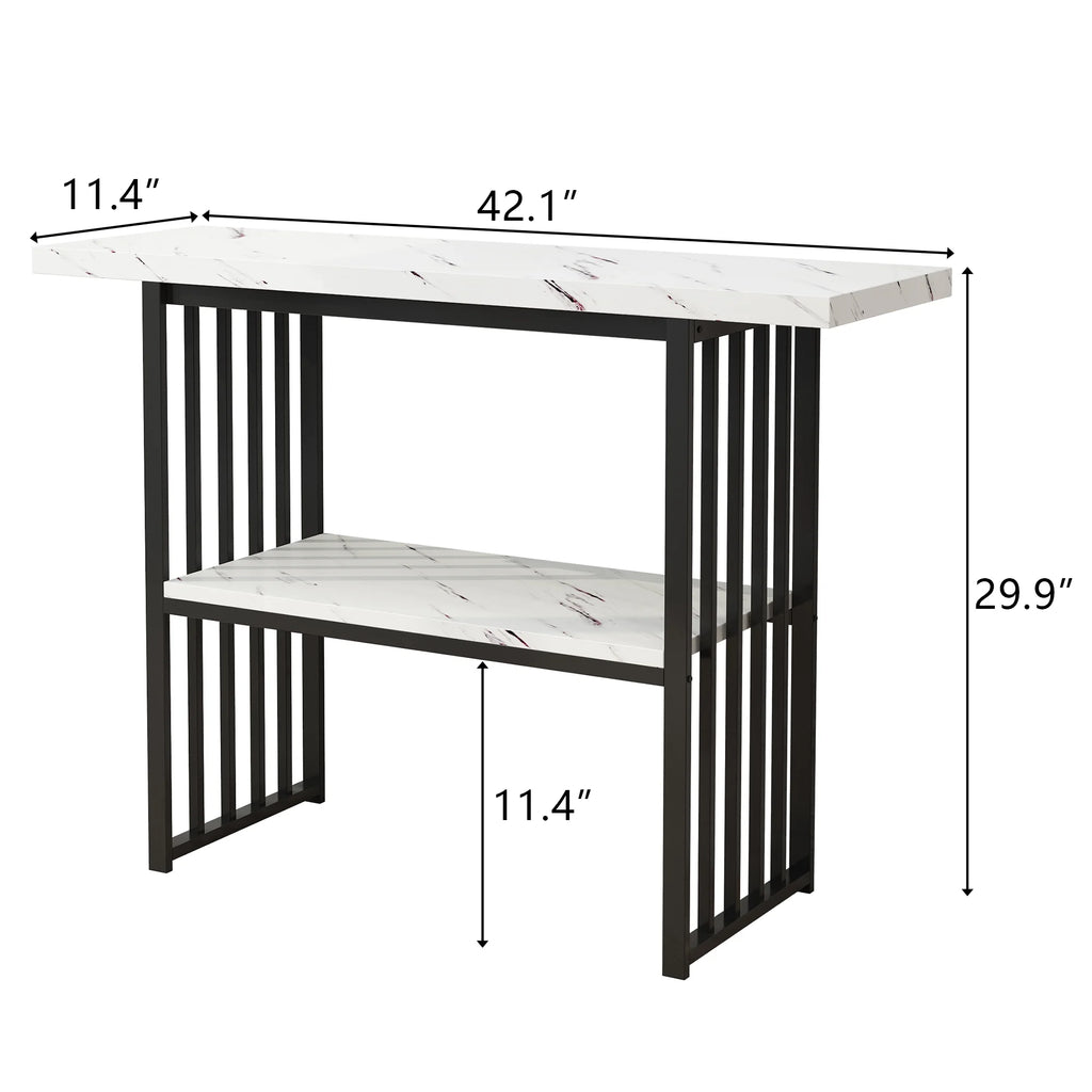 Black 42-Inch Narrow Console Table with Faux Marble Top and Metal Legs V26379