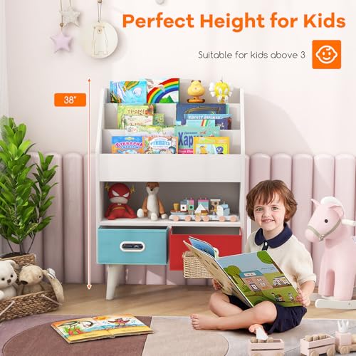 White Wooden Kids Bookshelf with 2 Cube Bins N30847