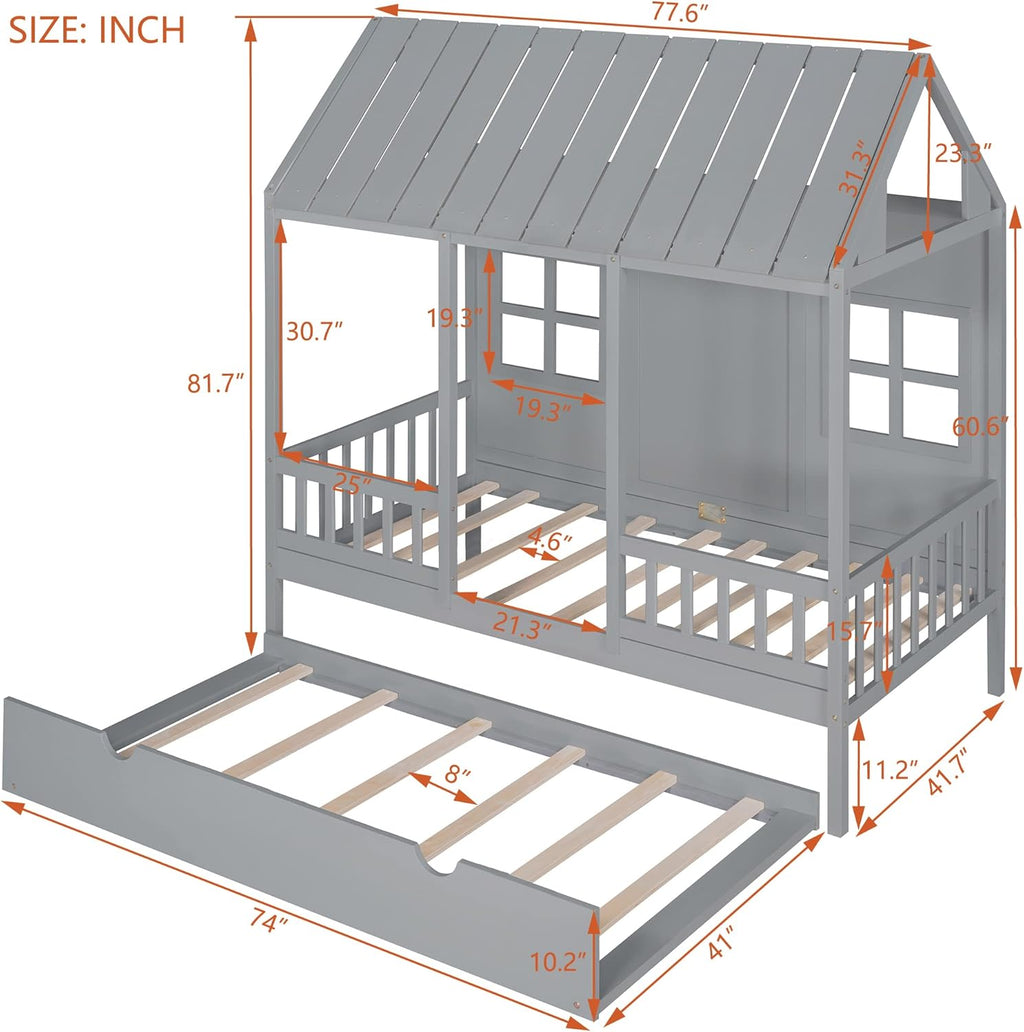 Gray Twin Size Wooden House Bed with Trundle F23323