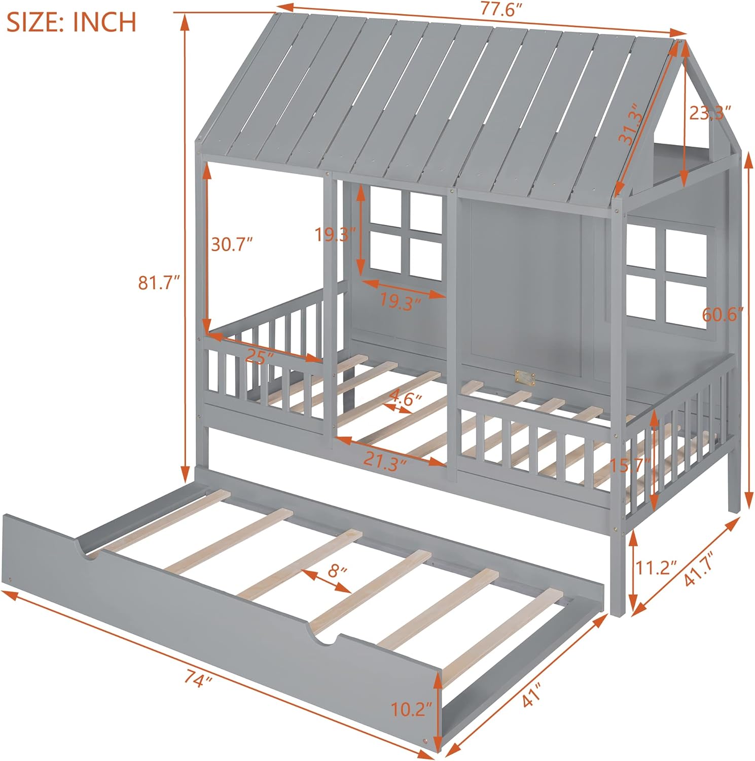 Gray Twin Size Wooden House Bed with Trundle F23323