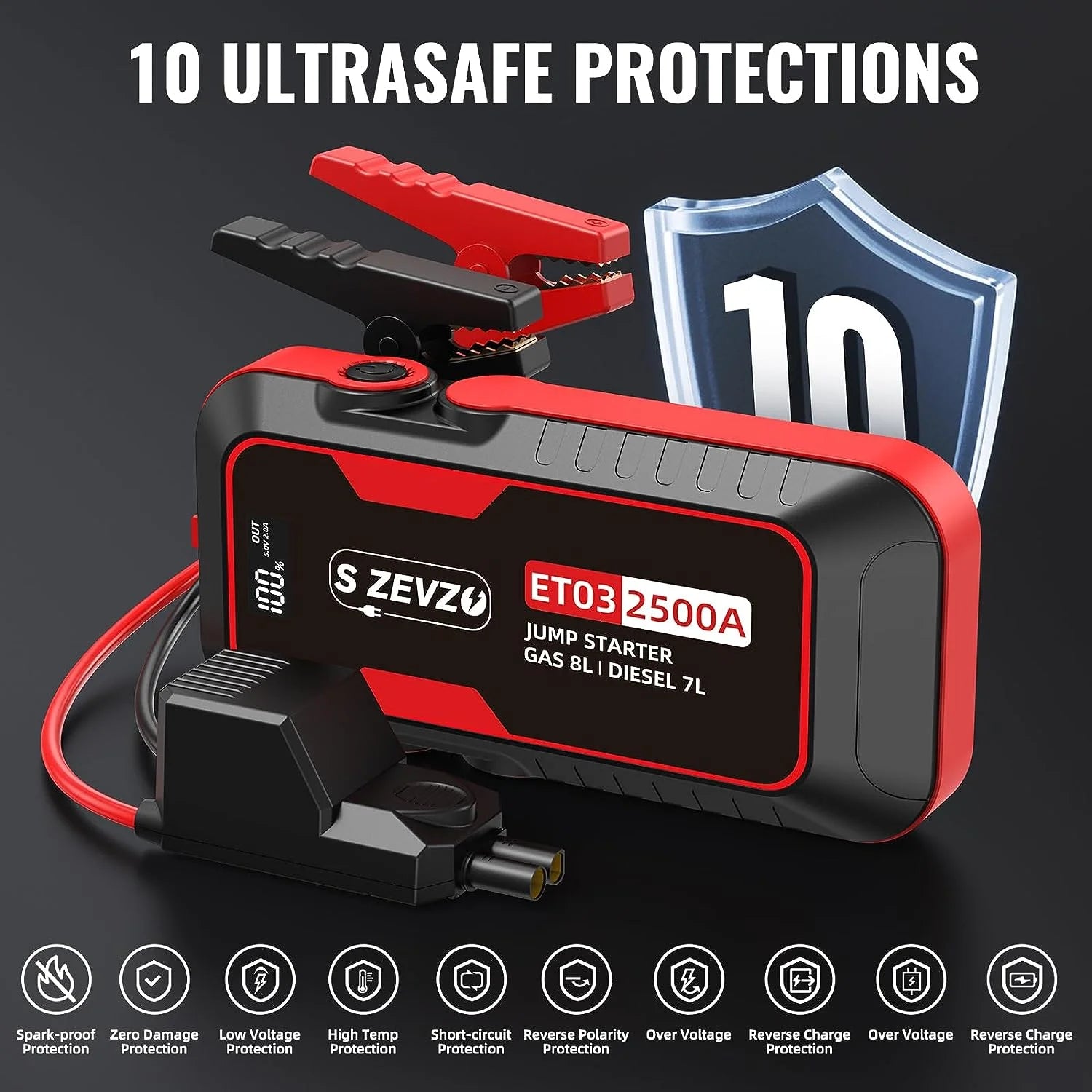 2500A 74Wh Portable 12V Car Jump Starter with LCD Display and LED Light B877