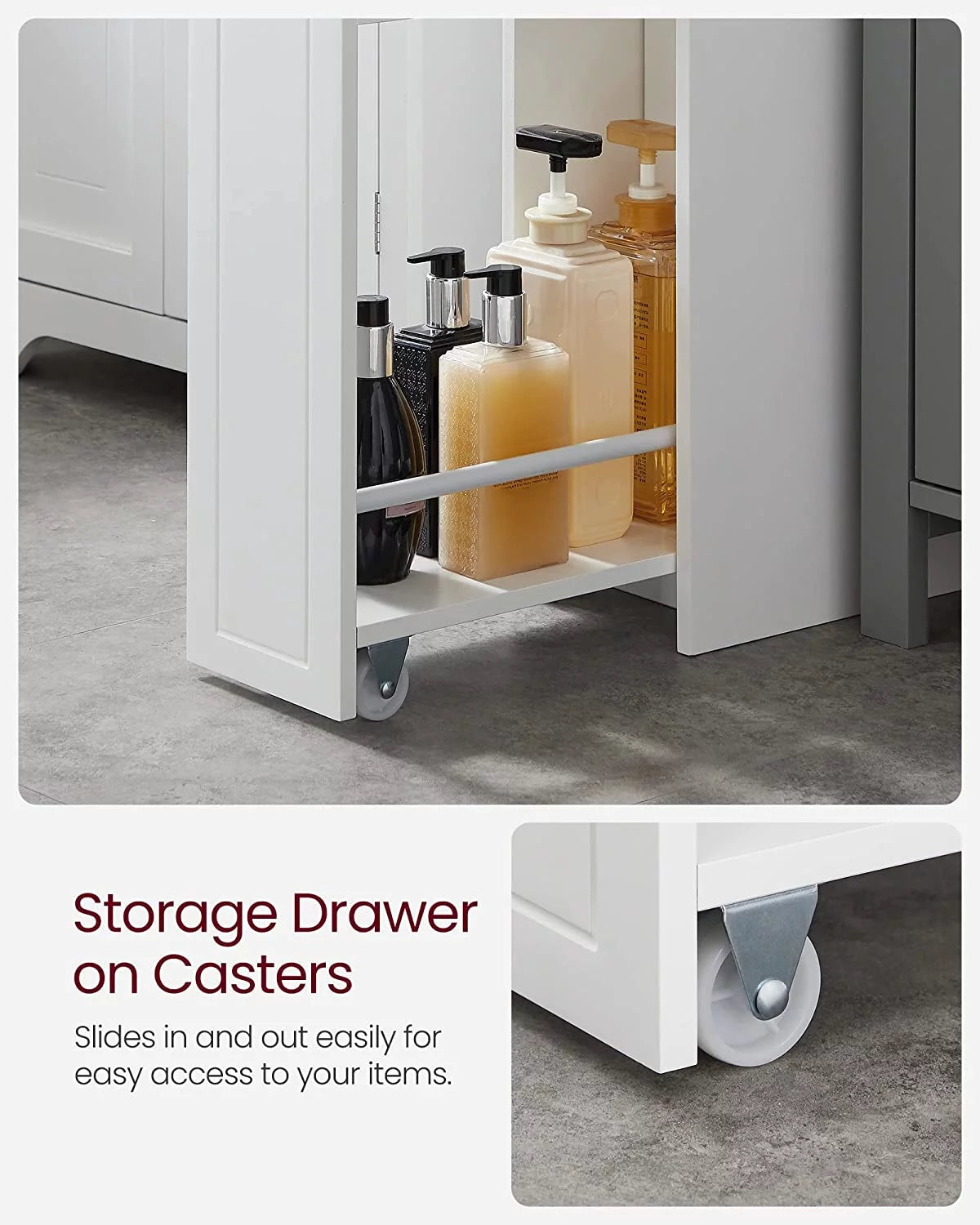 White Slim Bathroom Storage Cabinet with Slide Out Drawers T7001