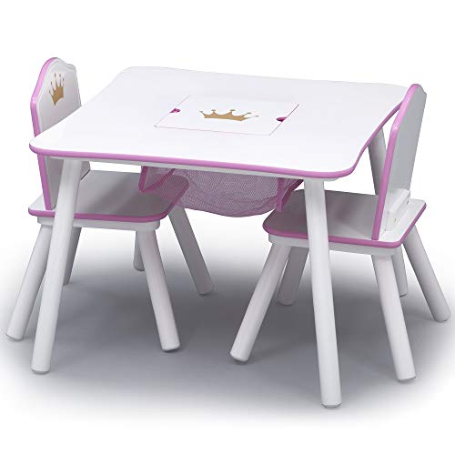 White/Pink Kids Wood Table and Chair Set with Storage J624