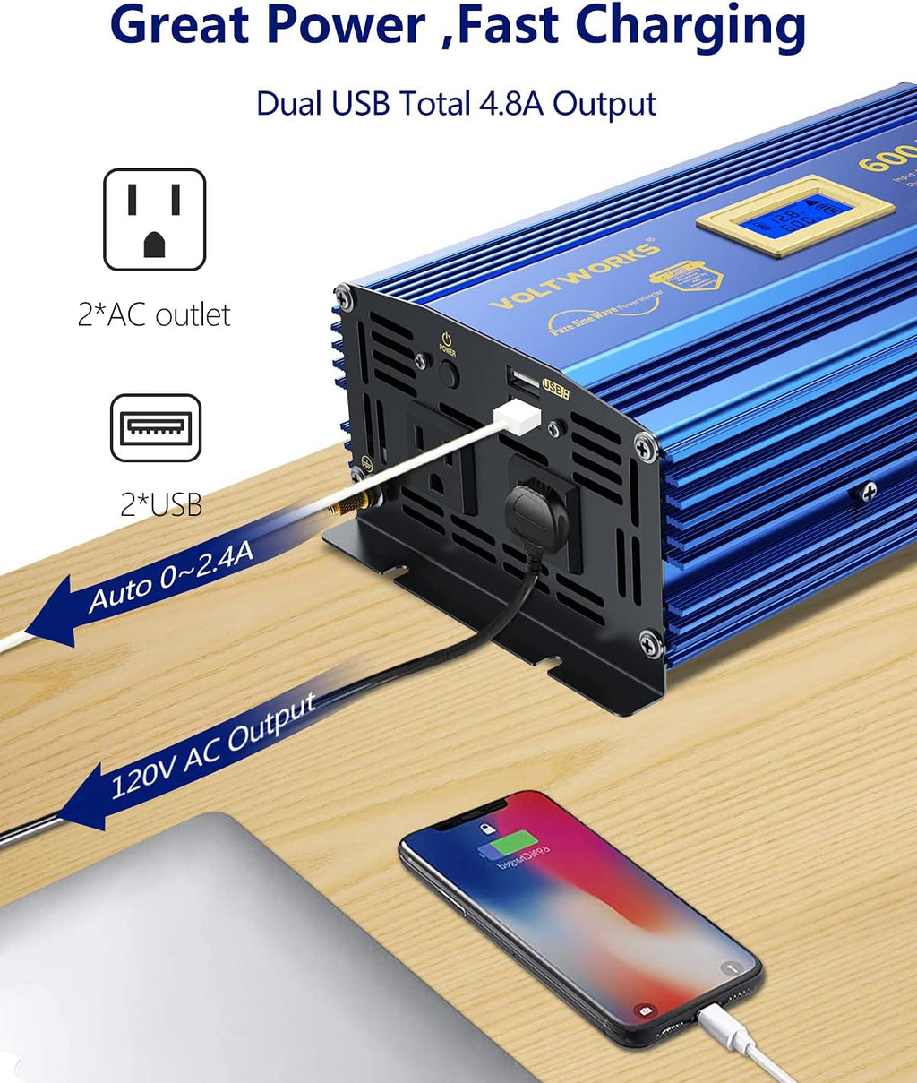 600 Watts Pure Sine Wave Power Inverter DC 12V to AC 110V 120V with Dual 2.4A USB Port & LCD Display T2839