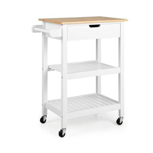 Natural Bamboo Rolling Kitchen Island Cart with Drawer and Shelves K29671