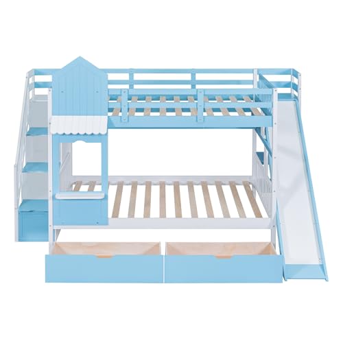 Gray Solid Wood Twin Over Twin Bunk Bed with Stairs and Slide B3312
