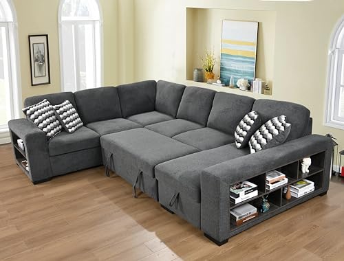 125'' U Shaped 7 Seat Sectional Sofa Couch with Cabinet, Sofa Bed with Storage Chaise and Pull-Out Couch Bed, Light Gray X6298