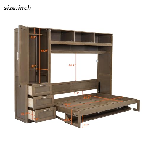 Antique Grey Solid Wood Murphy Bed with Wardrobe and Drawers K559972