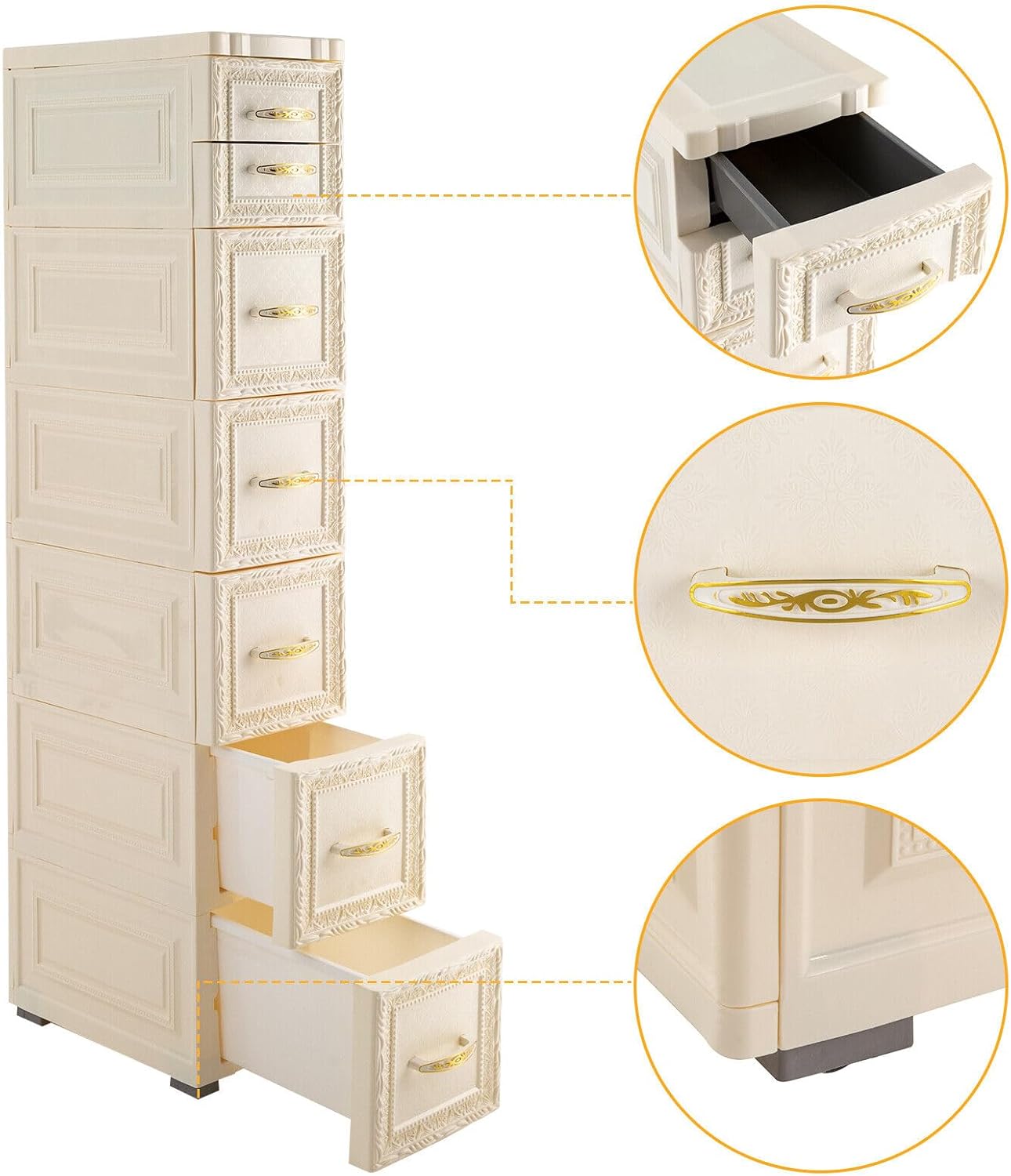 6 Tier Narrow Storage Cabinet with Drawers and Casters S840