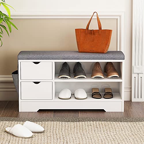 Brown + Gray Shoe Bench with Cushion N770