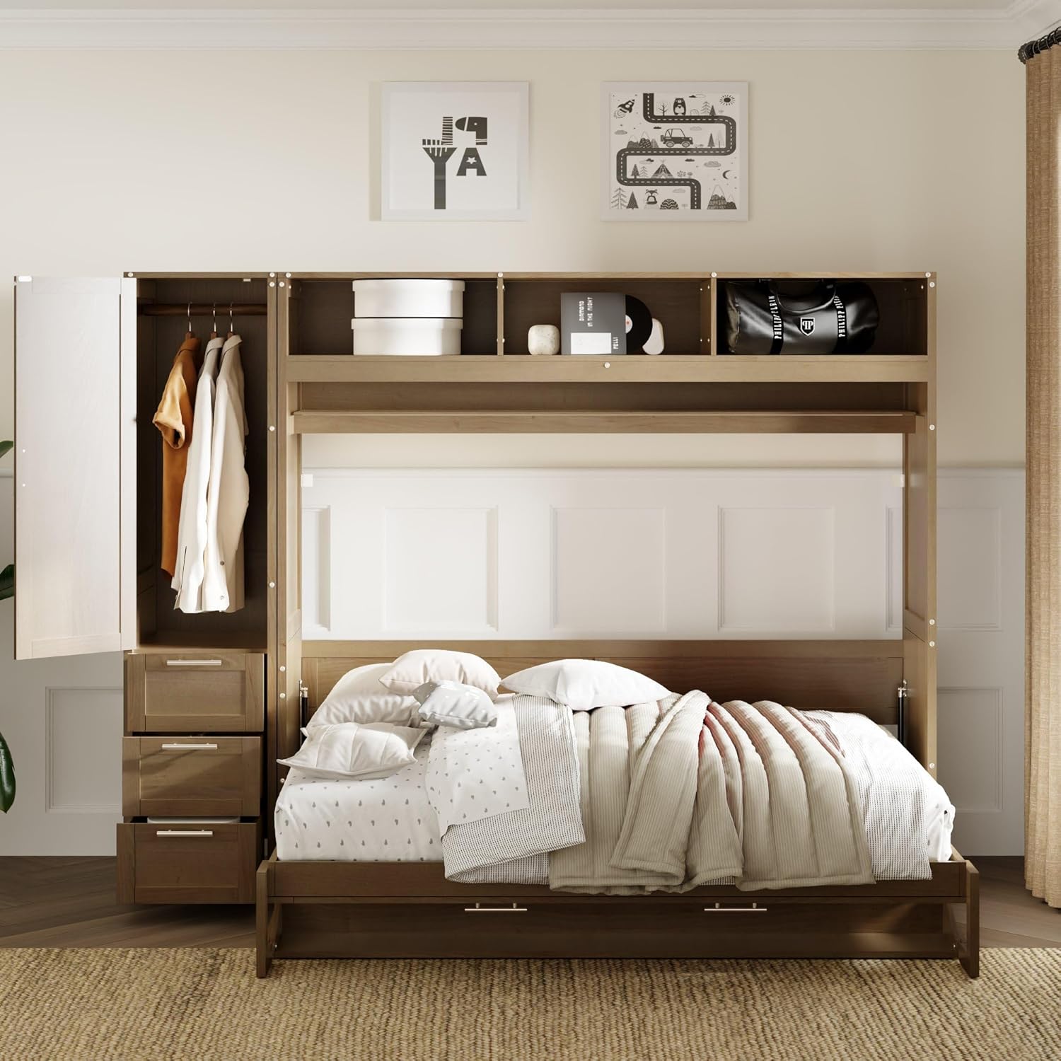 Full Size Murphy Bed Frame with Wardrobe, 3 Drawers and Open Shelves T428