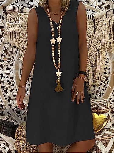 Women's Casual Summer Cotton Linen Midi Dress V Neck Sleeveless Shift Dress I2300