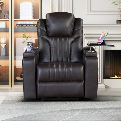 Brown Power Recliner with Power Adjustable Headrest, Wireless Charging Device, USB Port, Storage Arms, Cup Holder and Swivel Tray Table J52197
