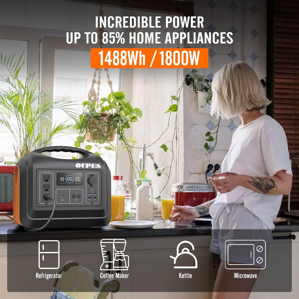 1488Wh 1800W Portable Power Station with 400W Solar Panel, LiFePO4 Battery Pack 3 AC Outlets Y917767