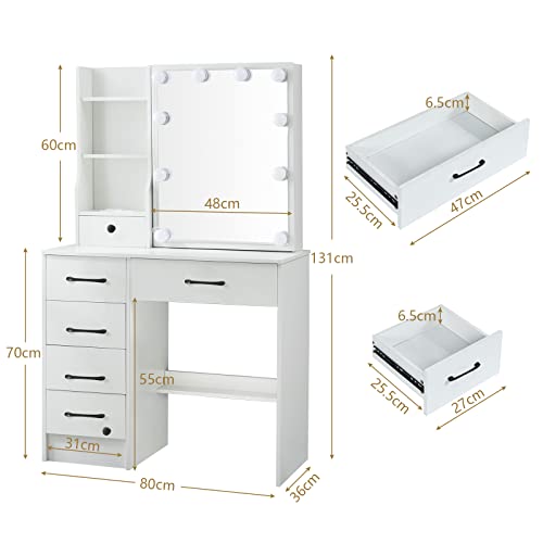 White Vanity Desk with Makeup Mirror and 10 Lights, 3 Color Mode Dimmable Sliding Lighted Mirror, 6 Large Drawers and 3 Level Storage Shelves, Upholstered Stool N56243