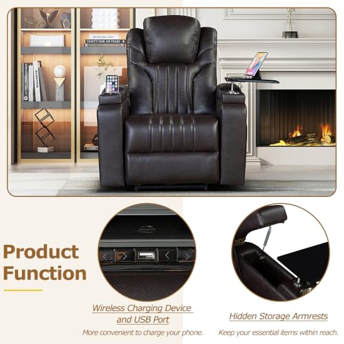Brown Power Recliner with Power Adjustable Headrest, Wireless Charging Device, USB Port, Storage Arms, Cup Holder and Swivel Tray Table J52197